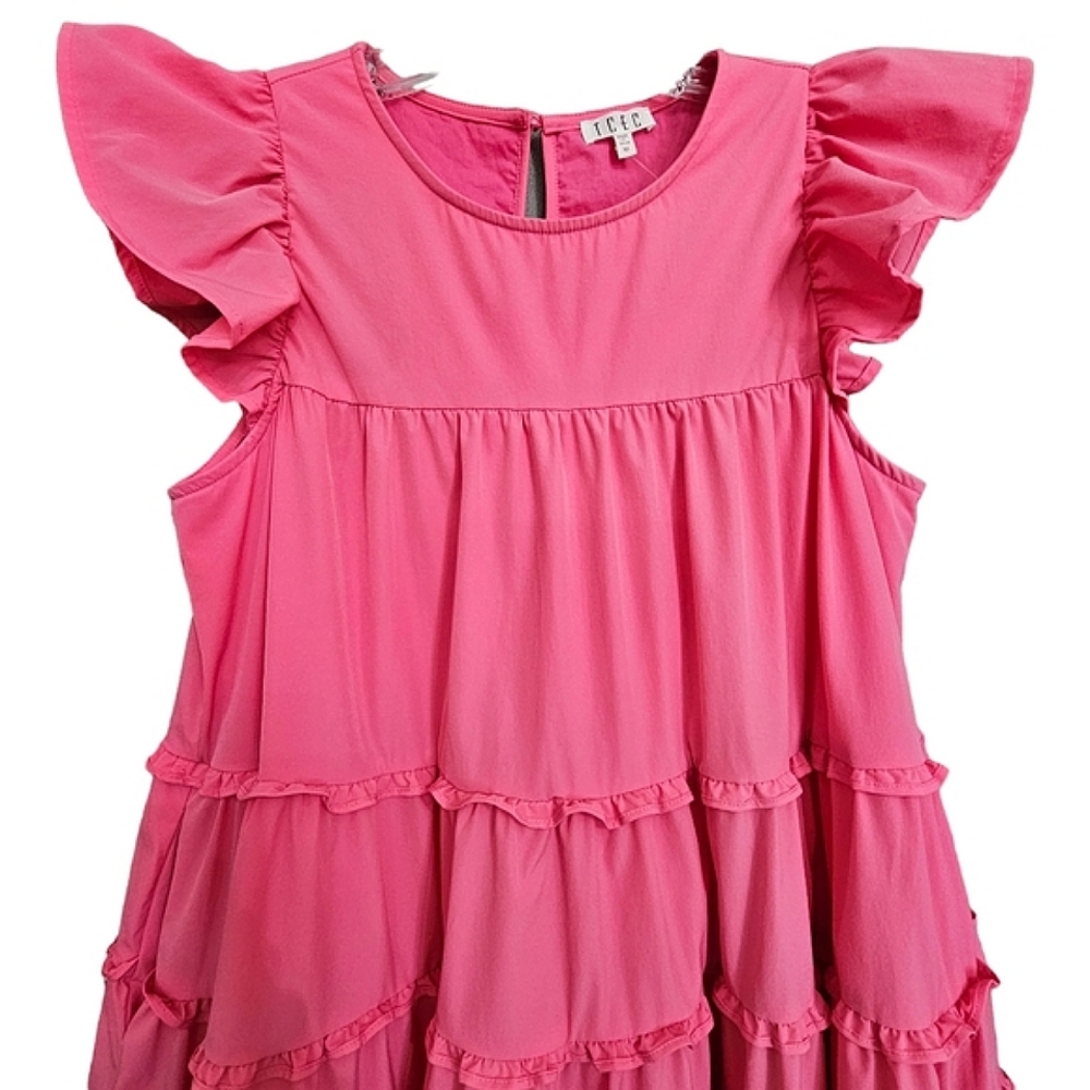 Nwot TCEC Pink Ruffle Tiered Cap Sleeve Babydoll Shift Dress w/Pockets - Picture 8 of 15